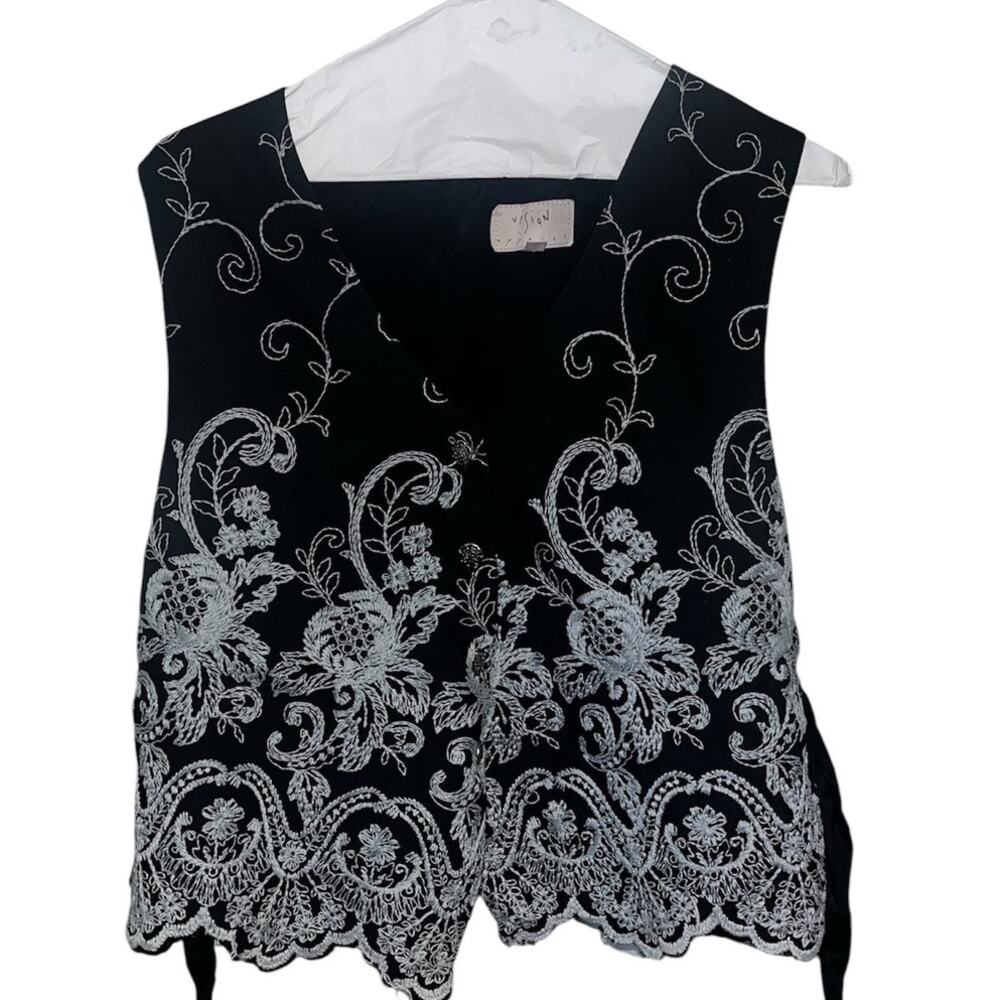 Vision Apparel Vintage Black & Silver Embroidered Tie-Back Vest